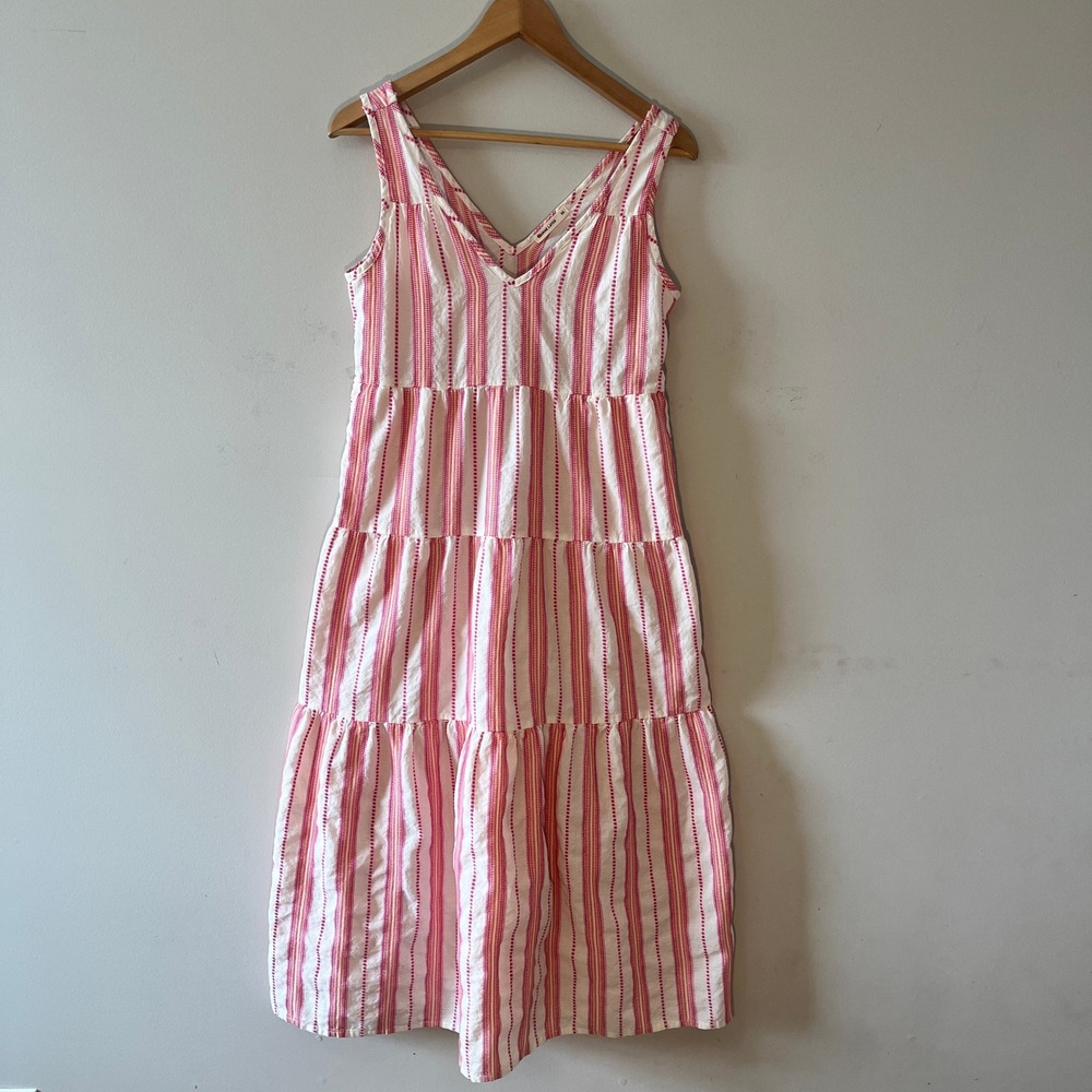Marine Layer Tiered Midi Dress Coastal Stripe Pink XS Sleeveless Pockets